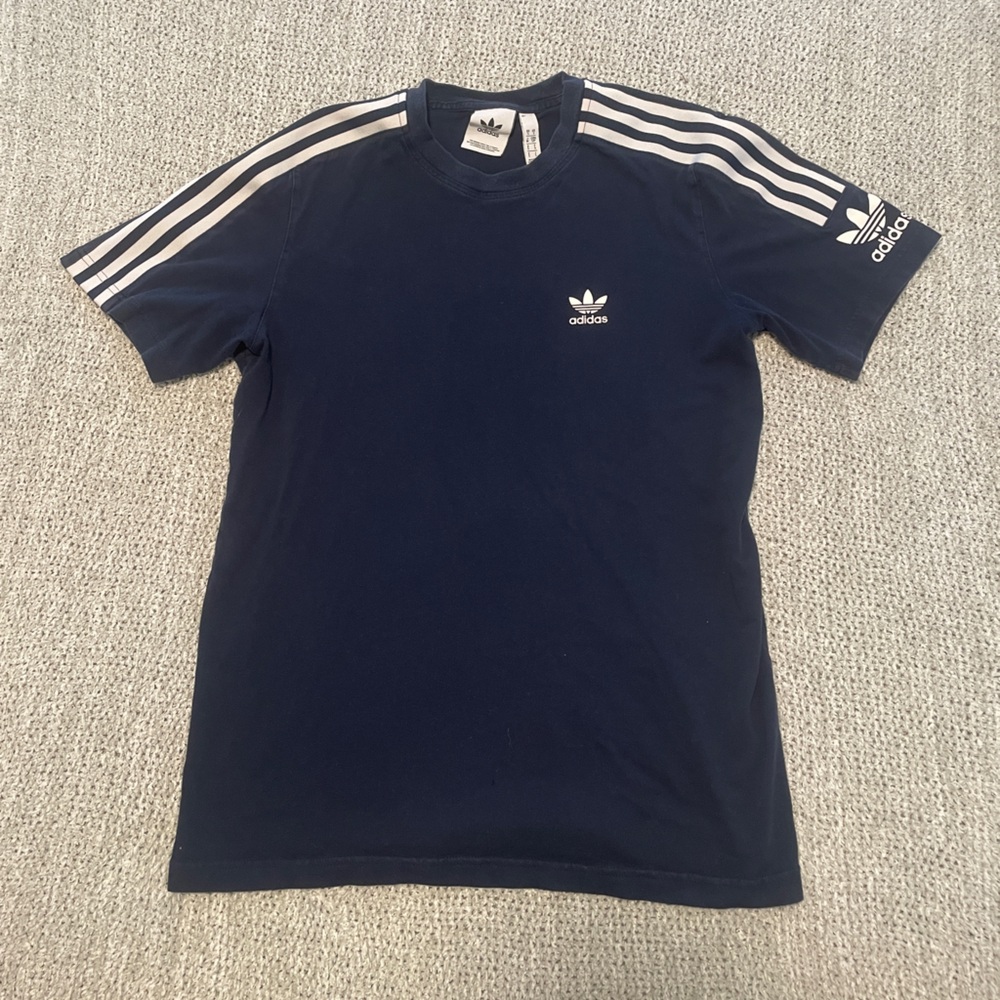 Adidas Blue and White Short Sleeve Tee with Iconic Stripes